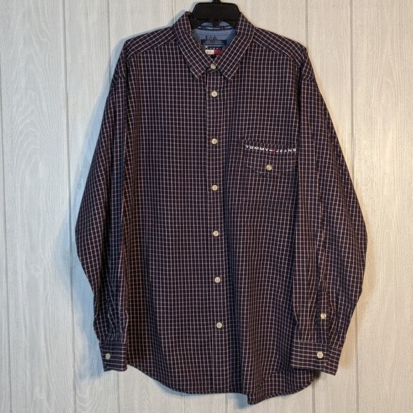 VTG Tommy Hilfiger Checker Pattern Long Sleeve Button Front Shirt EUC Flag SZ XL - Picture 10 of 10